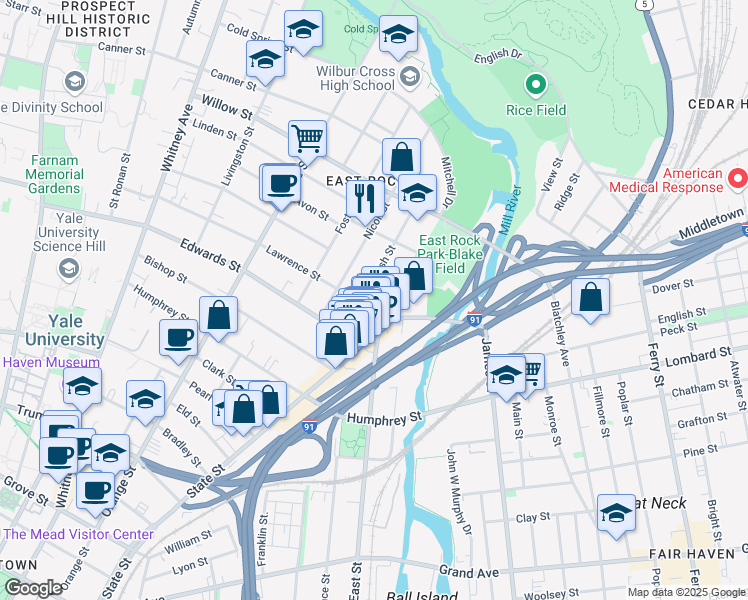 map of restaurants, bars, coffee shops, grocery stores, and more near 55 Nash Street in New Haven
