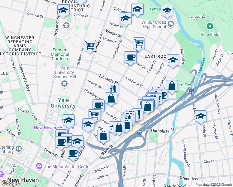 map of restaurants, bars, coffee shops, grocery stores, and more near 633 Orange Street in New Haven