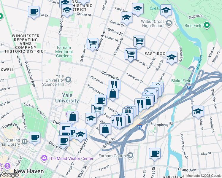 map of restaurants, bars, coffee shops, grocery stores, and more near 172 Bishop Street in New Haven