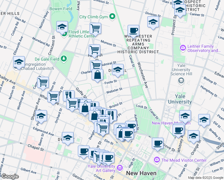 map of restaurants, bars, coffee shops, grocery stores, and more near 55 Webster Street in New Haven