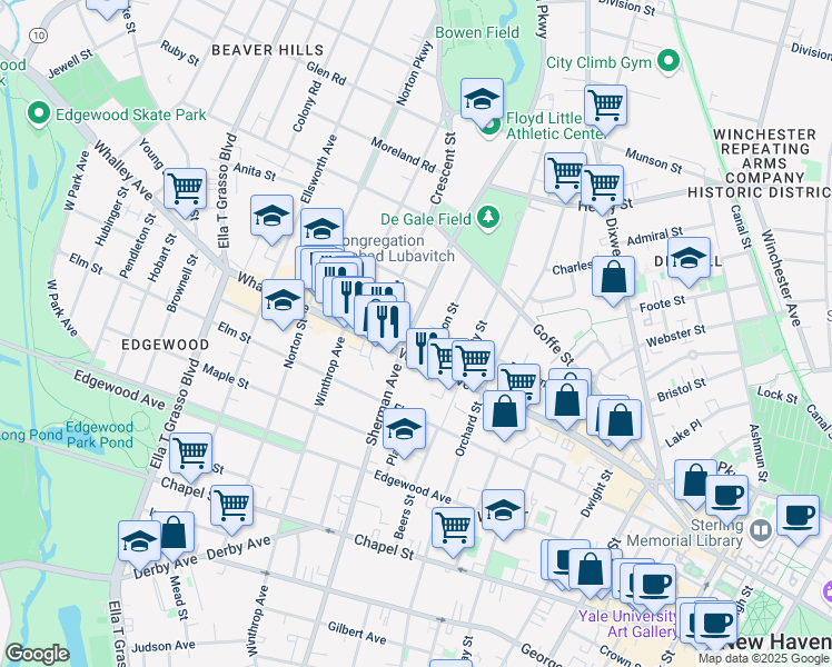 map of restaurants, bars, coffee shops, grocery stores, and more near 324 Sherman Avenue in New Haven