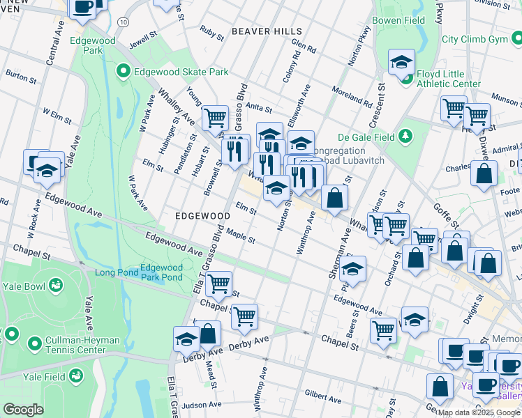 map of restaurants, bars, coffee shops, grocery stores, and more near 230 Ellsworth Avenue in New Haven