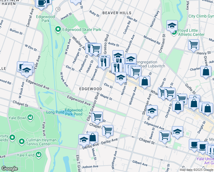 map of restaurants, bars, coffee shops, grocery stores, and more near in New Haven