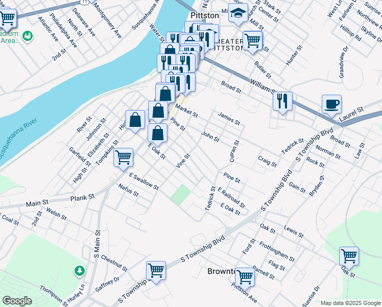 map of restaurants, bars, coffee shops, grocery stores, and more near 59 Cherry Alley in Pittston