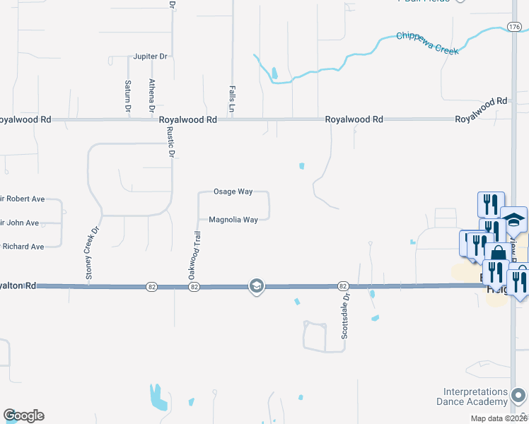 map of restaurants, bars, coffee shops, grocery stores, and more near 3079 Osage Way in Broadview Heights