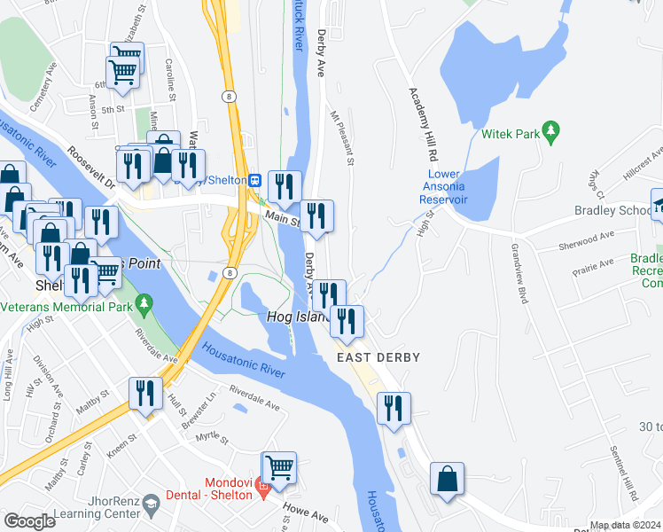 map of restaurants, bars, coffee shops, grocery stores, and more near 51 Bank Street in Derby