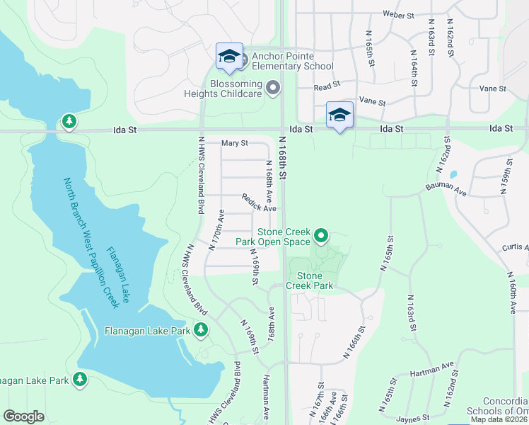 map of restaurants, bars, coffee shops, grocery stores, and more near 6344-6898 North 168th Street in Omaha