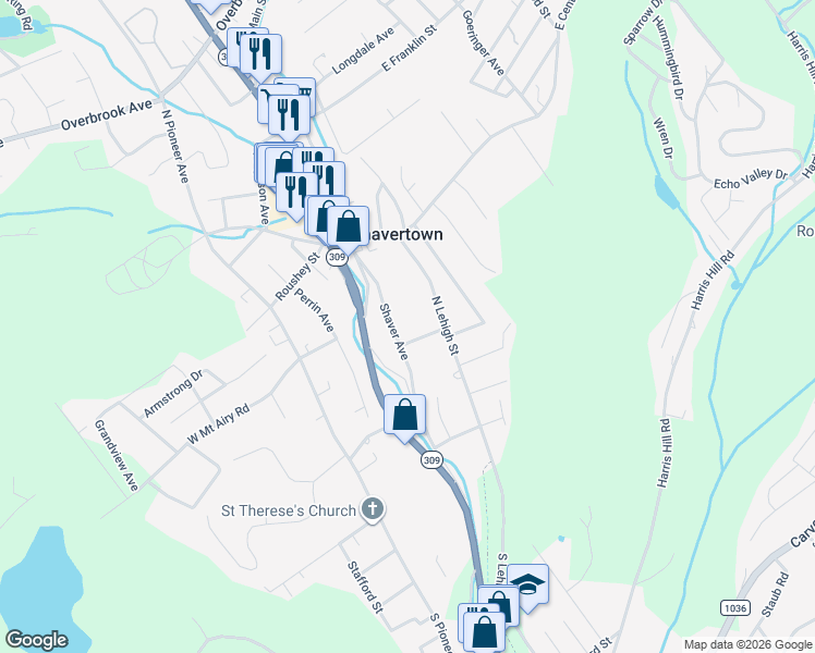 map of restaurants, bars, coffee shops, grocery stores, and more near 67 Shaver Avenue in Shavertown