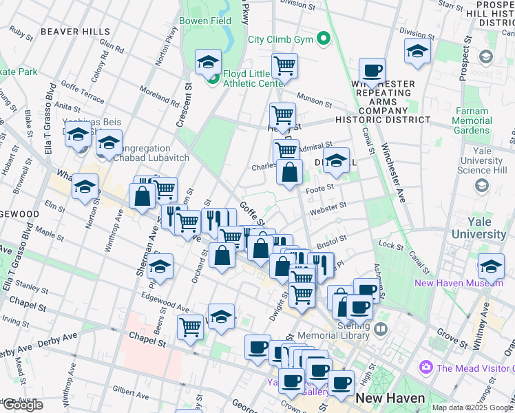 map of restaurants, bars, coffee shops, grocery stores, and more near 185 Goffe Street in New Haven