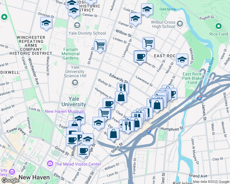 map of restaurants, bars, coffee shops, grocery stores, and more near 172 Bishop Street in New Haven