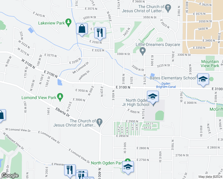 map of restaurants, bars, coffee shops, grocery stores, and more near 445 East 3100 North in Ogden