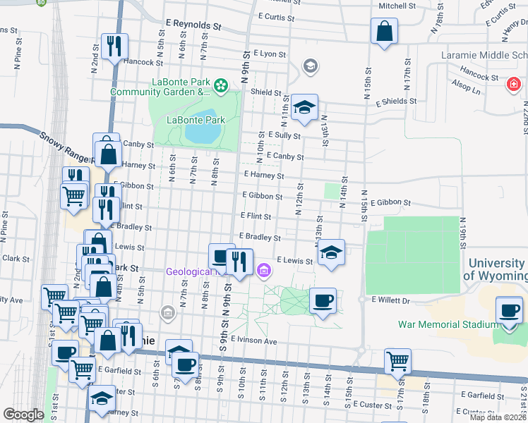 map of restaurants, bars, coffee shops, grocery stores, and more near 659 North 10th Street in Laramie