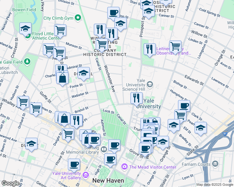 map of restaurants, bars, coffee shops, grocery stores, and more near 63 Winchester Avenue in New Haven