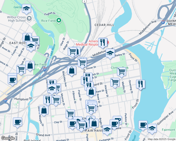 map of restaurants, bars, coffee shops, grocery stores, and more near 228 Dover Street in New Haven