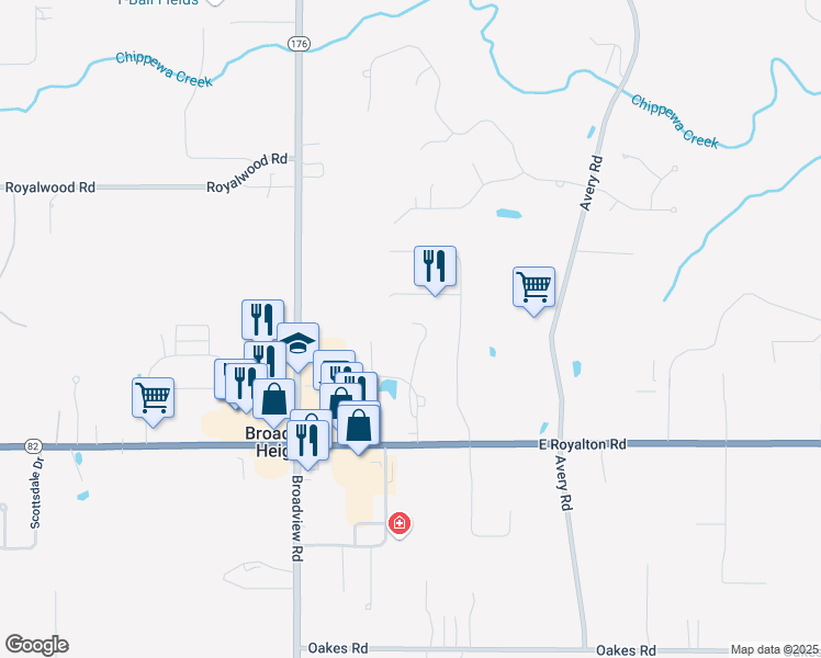 map of restaurants, bars, coffee shops, grocery stores, and more near 900 Silverbrook Court in Broadview Heights