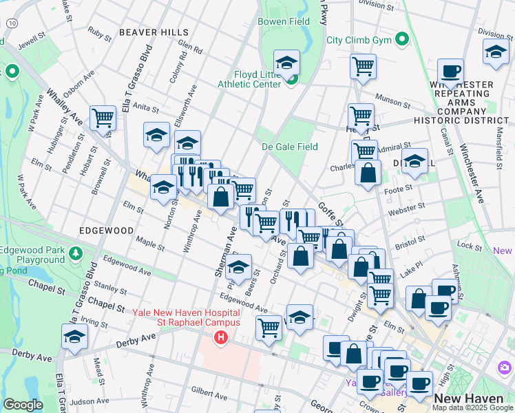 map of restaurants, bars, coffee shops, grocery stores, and more near 24 Hudson Street in New Haven