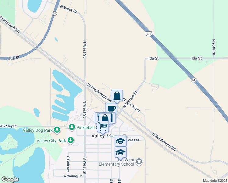 map of restaurants, bars, coffee shops, grocery stores, and more near 424 West 3rd Street in Valley
