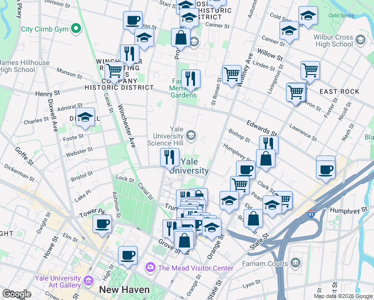 map of restaurants, bars, coffee shops, grocery stores, and more near 219 Prospect Street in New Haven