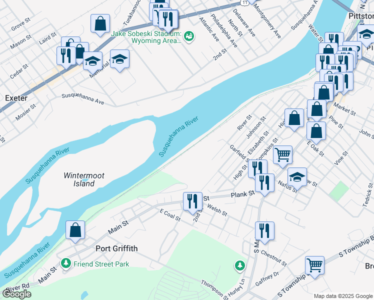 map of restaurants, bars, coffee shops, grocery stores, and more near Luzerne County Rail Trail in Pittston