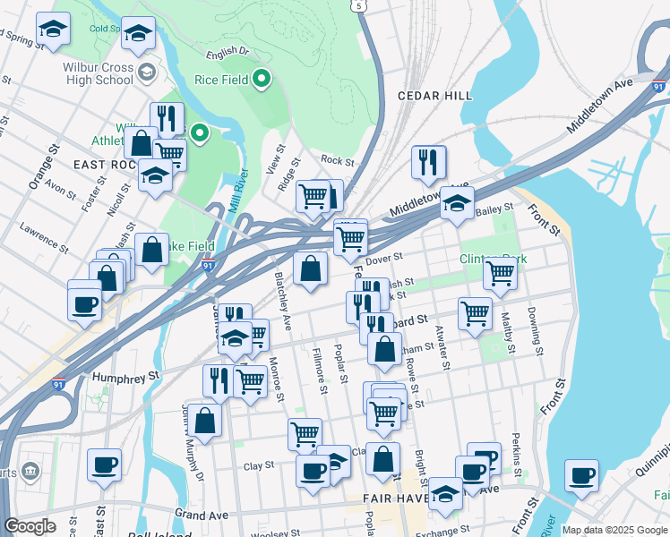 map of restaurants, bars, coffee shops, grocery stores, and more near 25 Fox Street in New Haven