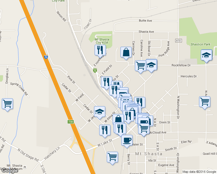 map of restaurants, bars, coffee shops, grocery stores, and more near 631 Chestnut Street in Mount Shasta