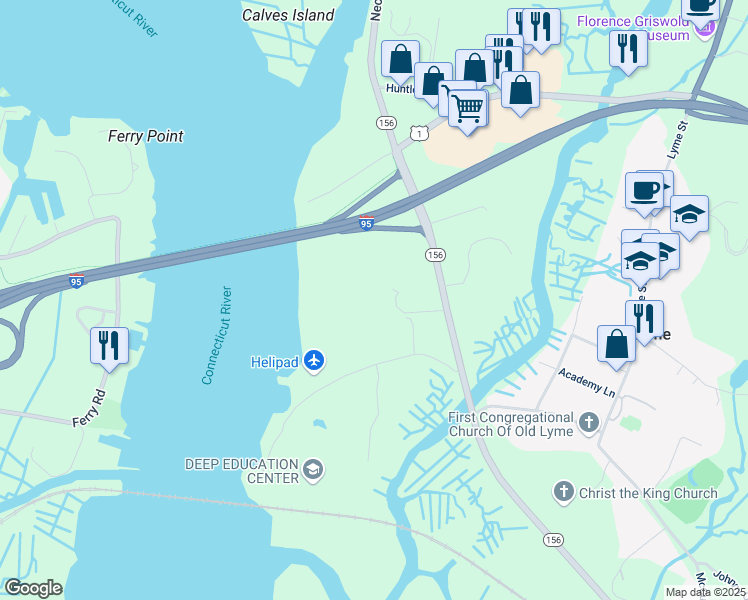 map of restaurants, bars, coffee shops, grocery stores, and more near 4 Village Lane in Old Lyme