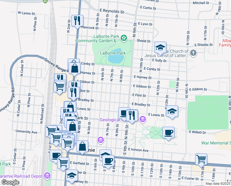 map of restaurants, bars, coffee shops, grocery stores, and more near 662 North 8th Street in Laramie