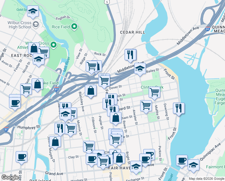 map of restaurants, bars, coffee shops, grocery stores, and more near 228 Dover Street in New Haven