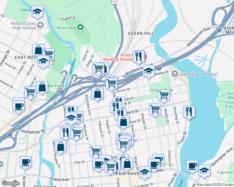 map of restaurants, bars, coffee shops, grocery stores, and more near 228 Dover Street in New Haven
