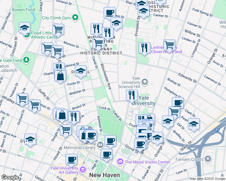 map of restaurants, bars, coffee shops, grocery stores, and more near 63 Winchester Avenue in New Haven