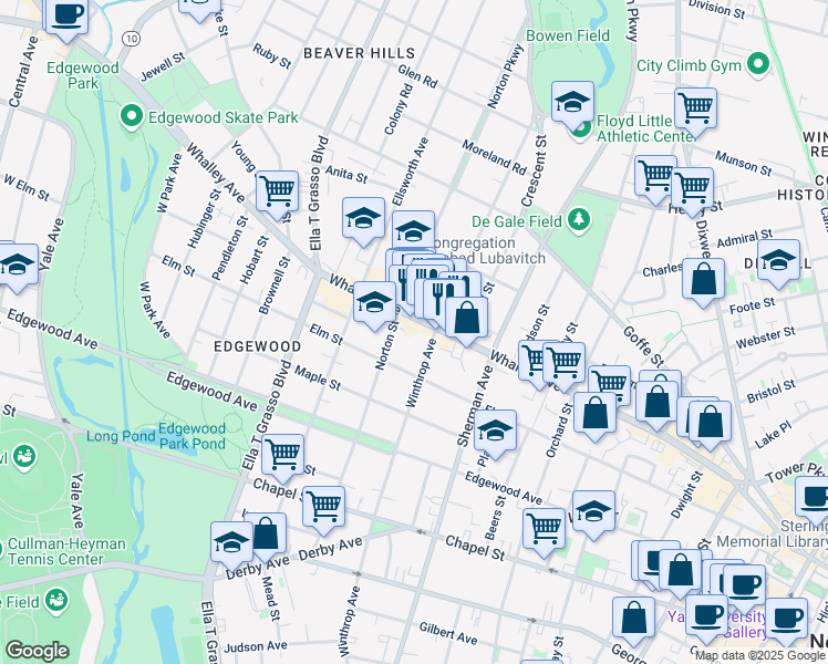 map of restaurants, bars, coffee shops, grocery stores, and more near 366 Whalley Avenue in New Haven
