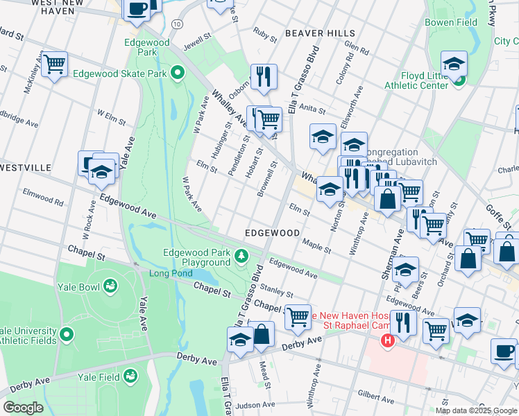 map of restaurants, bars, coffee shops, grocery stores, and more near 61 Brownell Street in New Haven