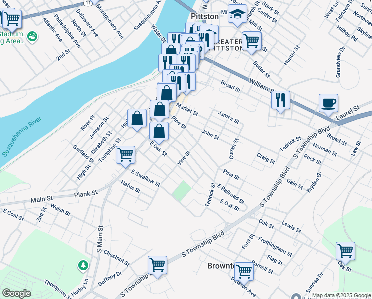 map of restaurants, bars, coffee shops, grocery stores, and more near 59 Cherry Alley in Pittston