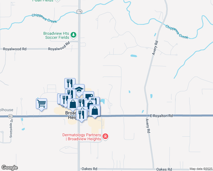 map of restaurants, bars, coffee shops, grocery stores, and more near 900 Silverbrook Court in Broadview Heights