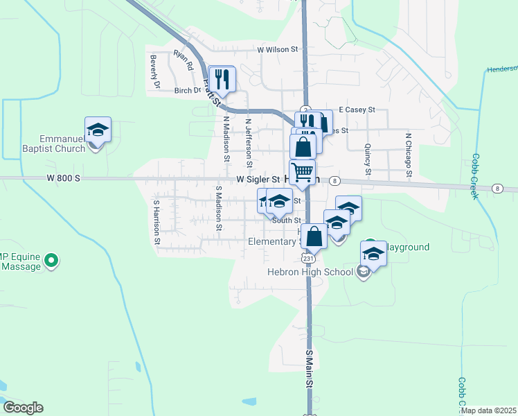 map of restaurants, bars, coffee shops, grocery stores, and more near 201-299 South Adams Street in Hebron