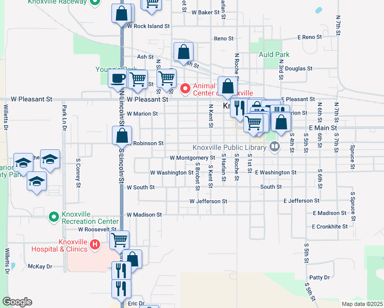 map of restaurants, bars, coffee shops, grocery stores, and more near 505 West Montgomery Street in Knoxville