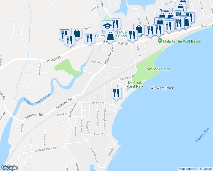 map of restaurants, bars, coffee shops, grocery stores, and more near 4 South Washington Avenue in East Lyme