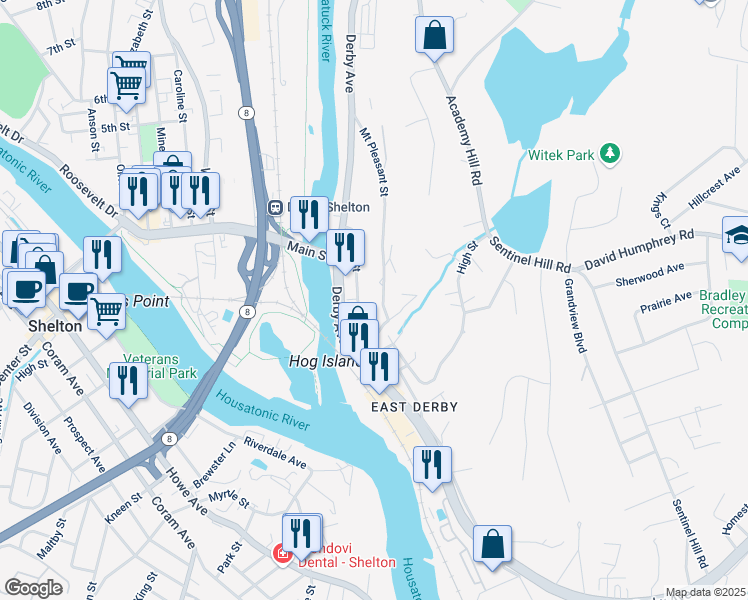 map of restaurants, bars, coffee shops, grocery stores, and more near 57 Bank Street in Derby