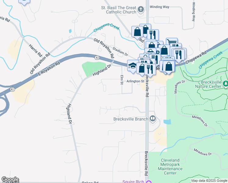 map of restaurants, bars, coffee shops, grocery stores, and more near 6917 Daisy Avenue in Brecksville
