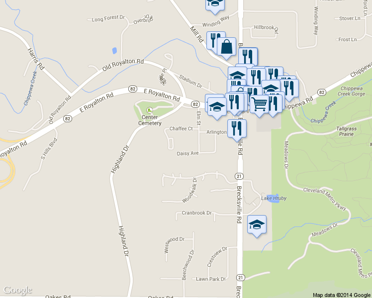 map of restaurants, bars, coffee shops, grocery stores, and more near 6917 Daisy Avenue in Brecksville