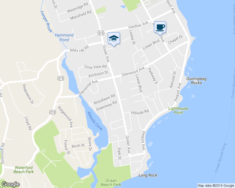 map of restaurants, bars, coffee shops, grocery stores, and more near 960 Ocean Ave in New London