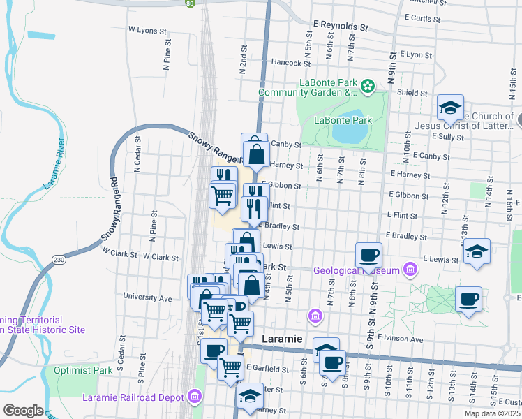 map of restaurants, bars, coffee shops, grocery stores, and more near 569 North 3rd Street in Laramie