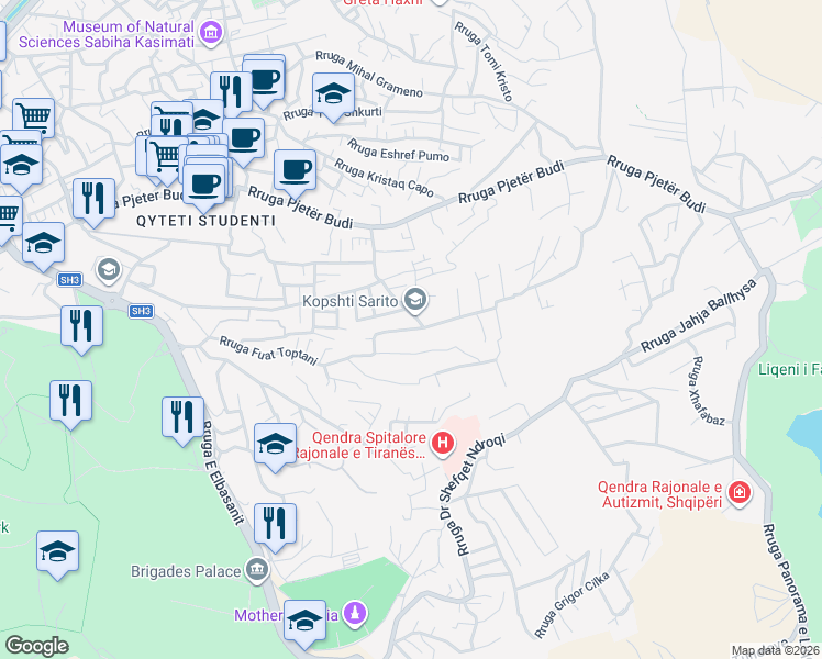 map of restaurants, bars, coffee shops, grocery stores, and more near Rruga Fuat Toptani in Tirana