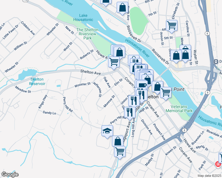 map of restaurants, bars, coffee shops, grocery stores, and more near 100 Oak Avenue in Shelton