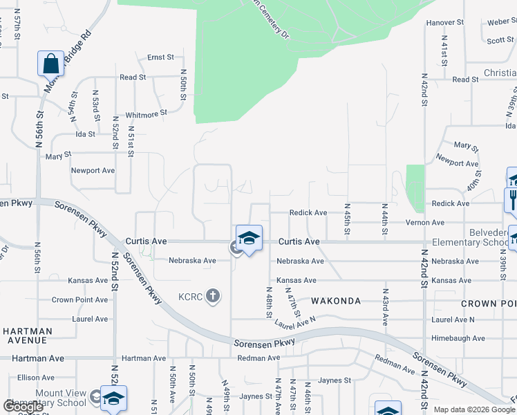 map of restaurants, bars, coffee shops, grocery stores, and more near 4815 Redick Avenue in Omaha