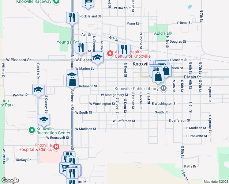 map of restaurants, bars, coffee shops, grocery stores, and more near 505 West Montgomery Street in Knoxville