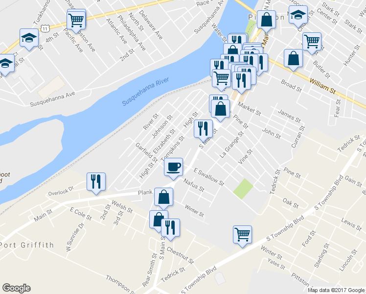 map of restaurants, bars, coffee shops, grocery stores, and more near 237 S Main St in Pittston