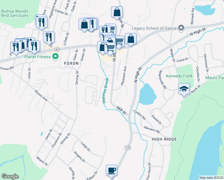 map of restaurants, bars, coffee shops, grocery stores, and more near 122 Mill Street in East Haven
