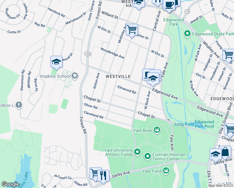 map of restaurants, bars, coffee shops, grocery stores, and more near 183 Westwood Road in New Haven