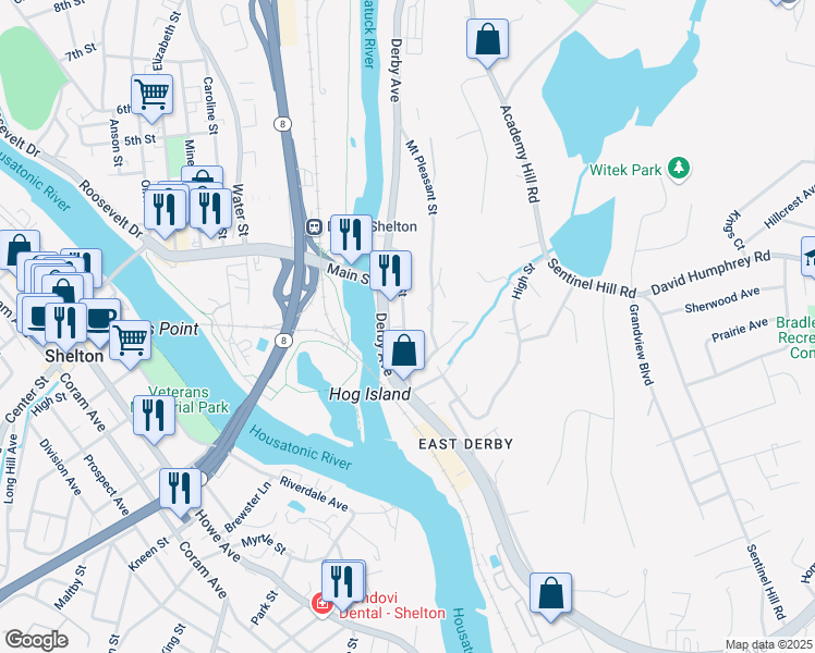 map of restaurants, bars, coffee shops, grocery stores, and more near 57 Bank Street in Derby